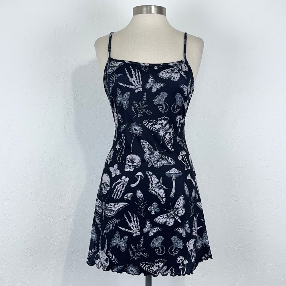 Women Woodland Goth Witchy Slip Dress Size Small Black Moth Mushroom Skull Print